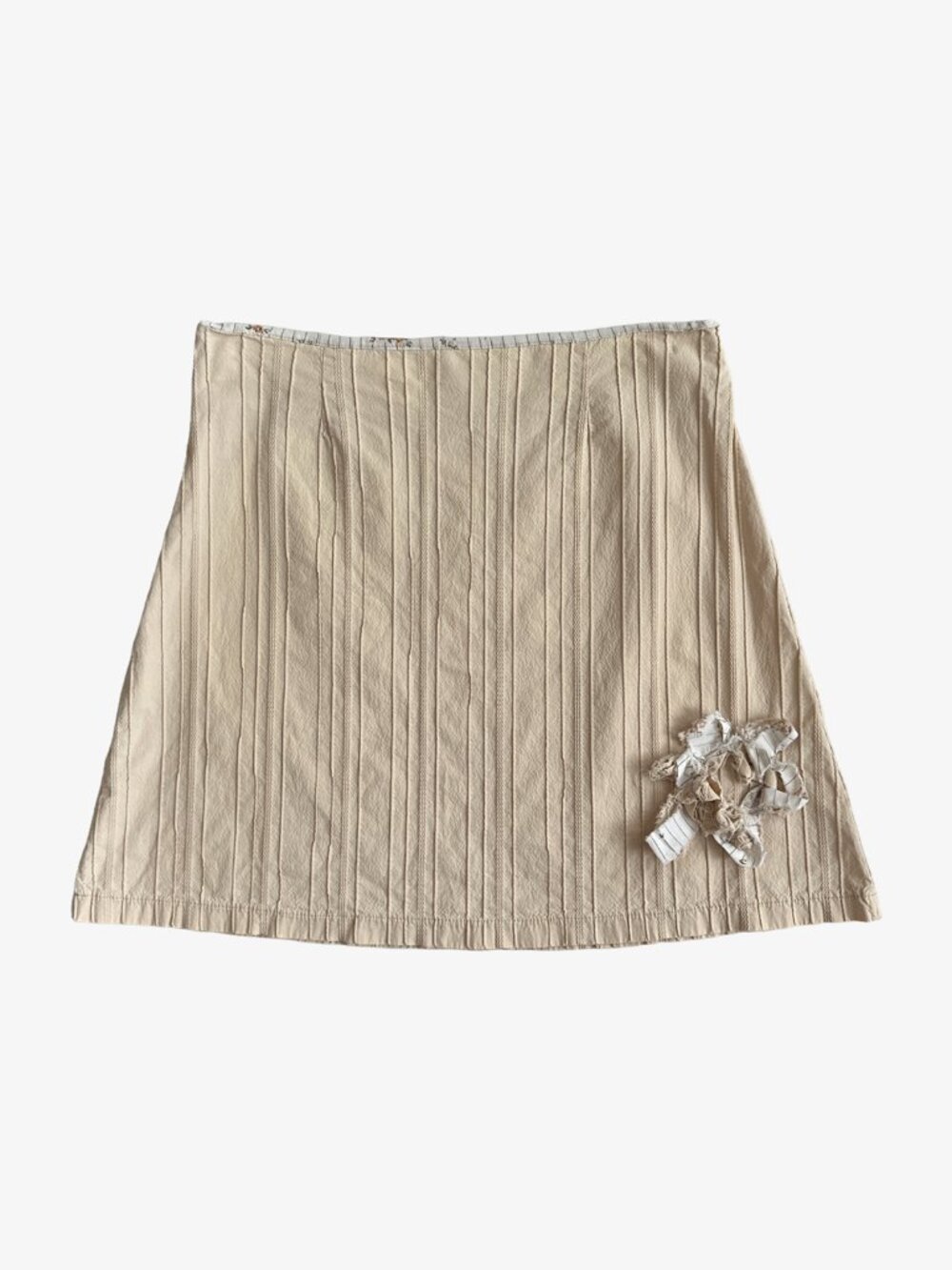 Vintage Y2K Cream Boho Rib Stripe Texture Fabric Applique Detail Mini Skirt